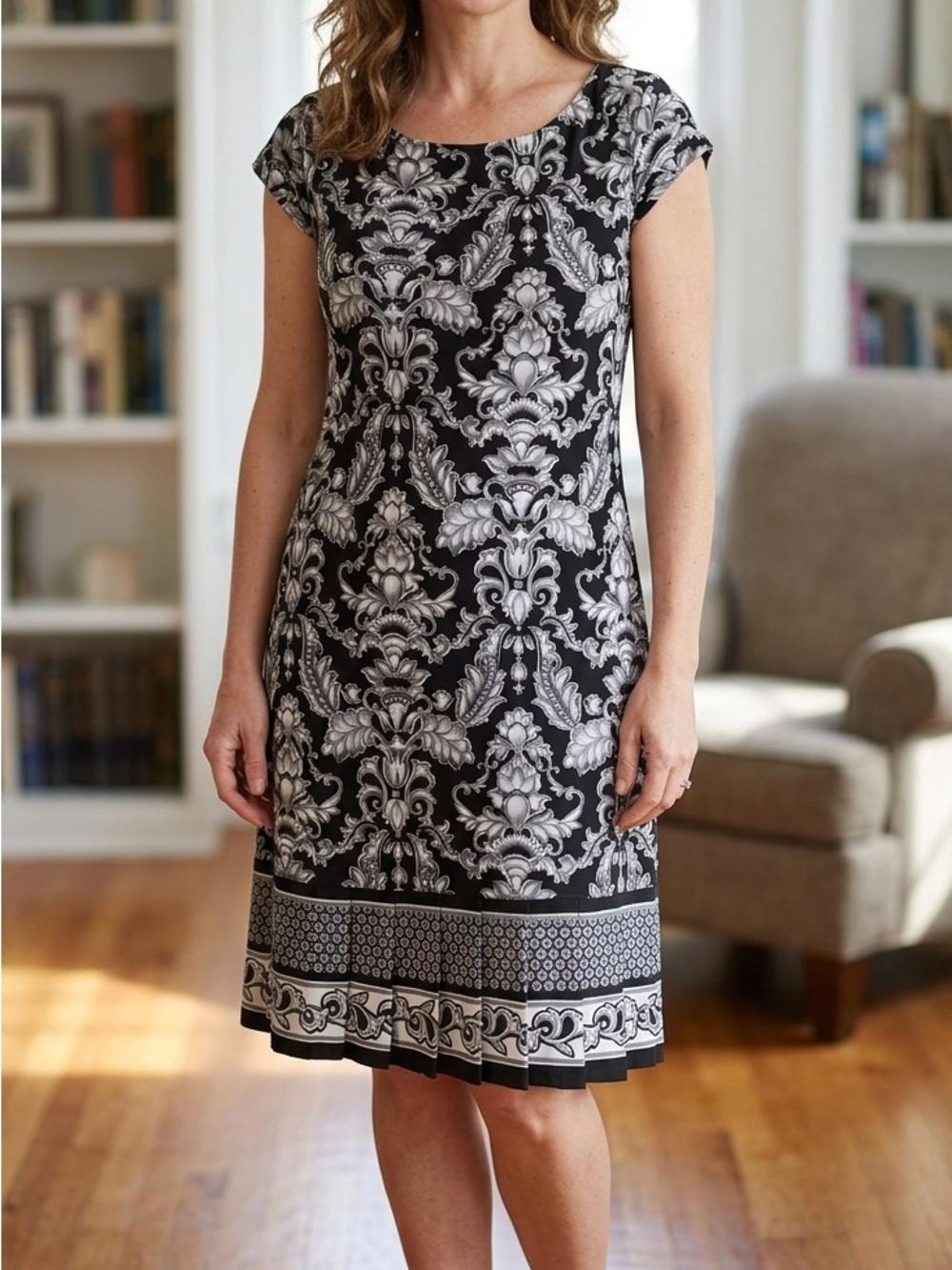 White House Black Market Black and White Cap Sleeve Midi Dress